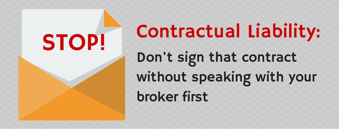 Image showing a warning about contractual liability. The background is grey with a faint grid pattern. On the left, there's an orange envelope with the word "STOP!" written in red. On the right, text reads: "Contractual Liability: Don't sign that contract without speaking with your broker first.