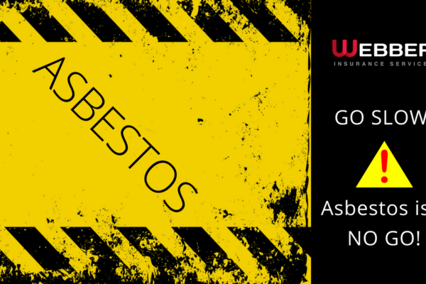 A yellow and black caution sign with "ASBESTOS" written diagonally. The right side features the Webber Insurance Services logo and the text "GO SLOW! Asbestos is a NO GO!" next to a triangular warning icon.