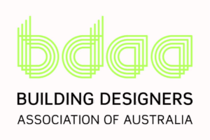 The logo features the letters "BDAA" in a bright green, stylized, overlapping font above the text "Building Designers Association of Australia," written in bold black capital letters on a light pink background.