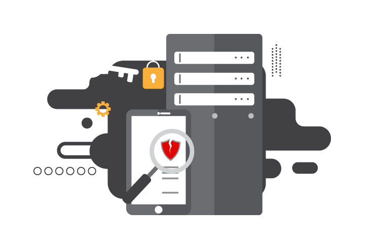 An illustration showing data security elements: a server tower, a smartphone with a magnifying glass over a shield, a key, and a padlock. Other minor icons and abstract shapes are in the background, highlighting comprehensive cybersecurity measures to protect against data breaches.