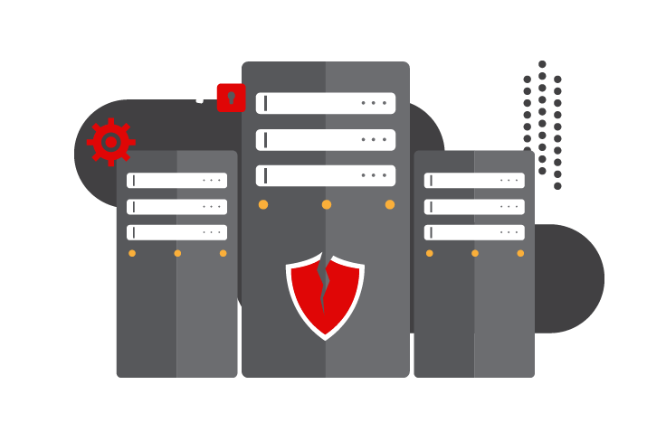 Illustration of three server towers with a shield displaying a crack on the front server. A red gear icon and a key with a small red lock are above the servers, symbolizing cybersecurity issues and data breaches. This scene captures the importance of data protection in Australia.