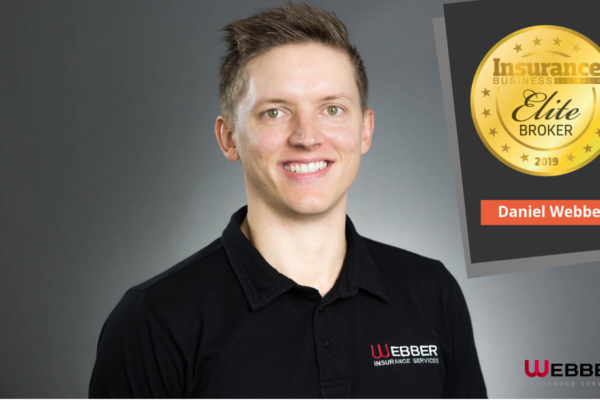 A man with short hair, wearing a black polo shirt with "WEBBER Insurance Services" embroidered on it, is smiling. Next to him is a gold badge stating "Daniel Webber Elite Broker 2019." The Webber logo is in the bottom right.