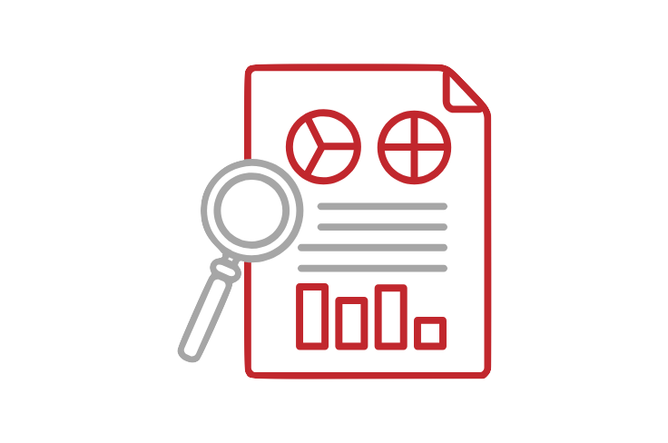 Insurance implications 5 An icon of a document with charts and graphs, featuring a magnifying glass overlay. The document includes two pie charts and a bar graph, symbolizing data analysis or review, possibly regarding COVID-19 implications. The design uses red and grey colors.