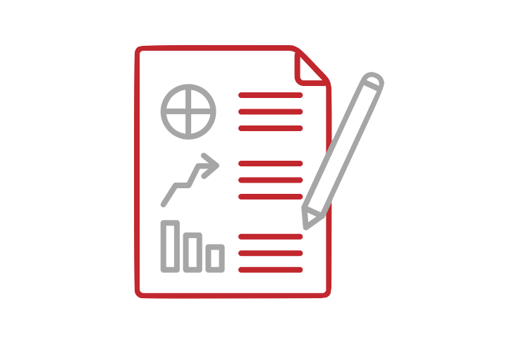 Insurance implications 2 An icon depicting a document with a red border, featuring a pie chart, an upward-pointing arrow graph, and a bar chart. There are lines of text indicated by red lines. A pencil is shown next to the document, suggesting writing or editing implications related to COVID-19.