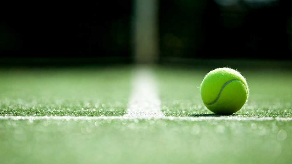 A Wimbledon tennis ball rests on the grassy court, positioned near a white line, with a blurred background highlighting the green surface and sunlight casting a soft glow—an idyllic scene reminiscent of classic Wimbledon moments.