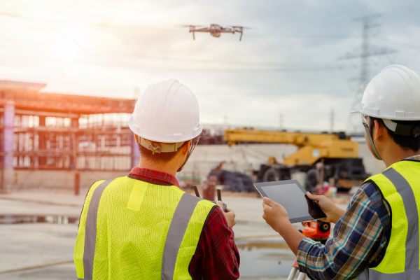 Two construction workers in high-visibility vests and helmets use a tablet and a remote control to operate a flying drone at a construction site. The background shows partially constructed buildings and construction equipment under a cloudy sky, highlighting business use of drones for site management.