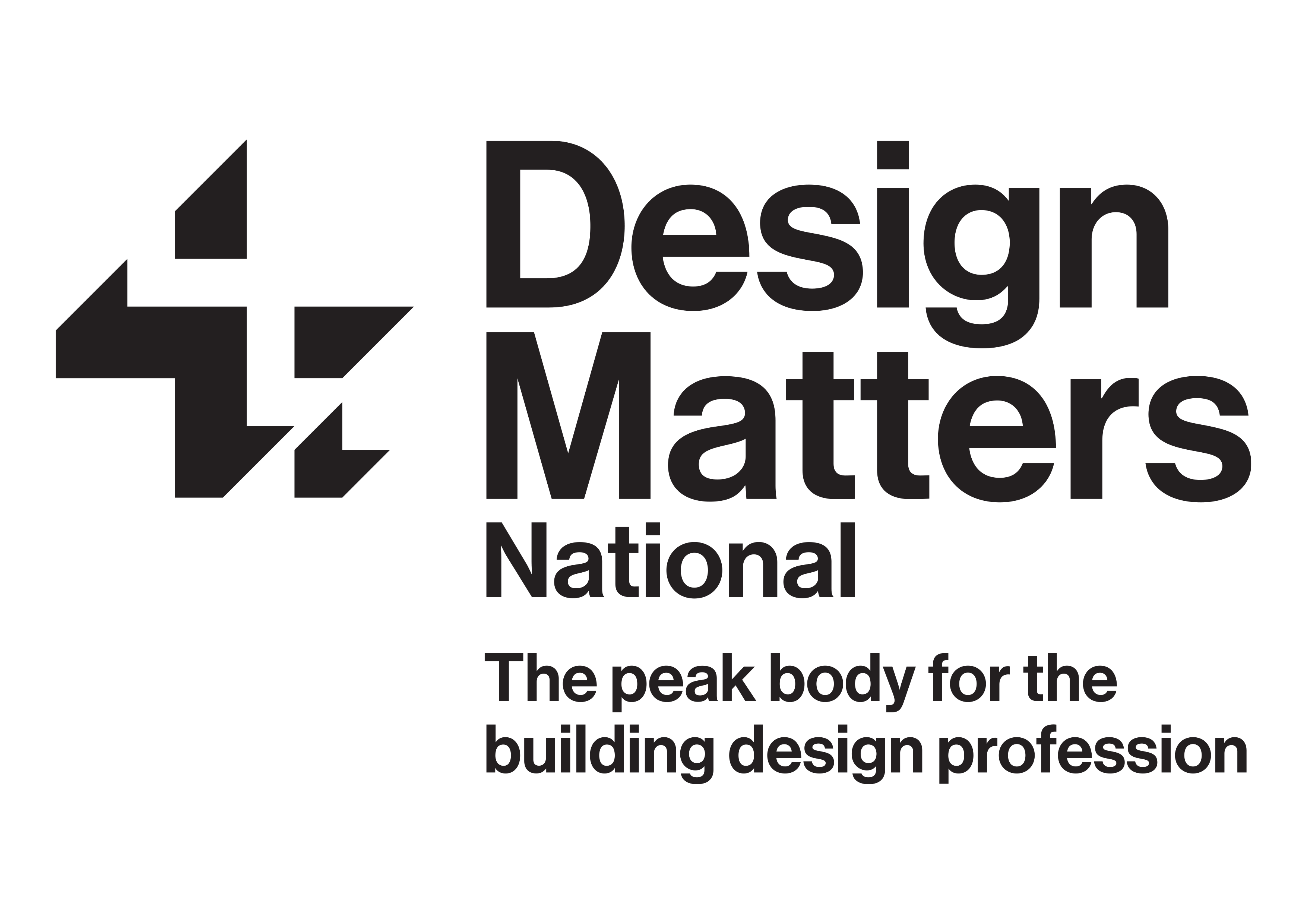 Logo of Design Matters National, featuring abstract geometric shapes resembling building structures on the left, followed by the text "Design Matters National" in bold, with "The peak body for the building design profession" written underneath in smaller font. Explore Design Matters Insurance today.
