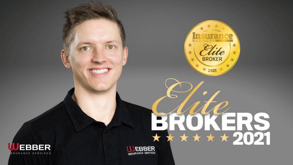 A smiling person in a black polo shirt with a "Webber Insurance Services" logo is pictured. The image features a gold medal labeled "Insurance Business Elite Broker 2021" and the text "Elite Brokers 2021" with six gold stars below it, celebrating Daniel Webber as an elite broker in 2021.