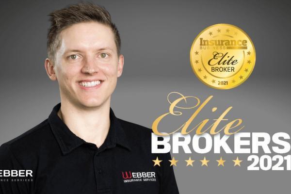 A smiling person in a black polo shirt with a "Webber Insurance Services" logo is pictured. The image features a gold medal labeled "Insurance Business Elite Broker 2021" and the text "Elite Brokers 2021" with six gold stars below it, celebrating Daniel Webber as an elite broker in 2021.