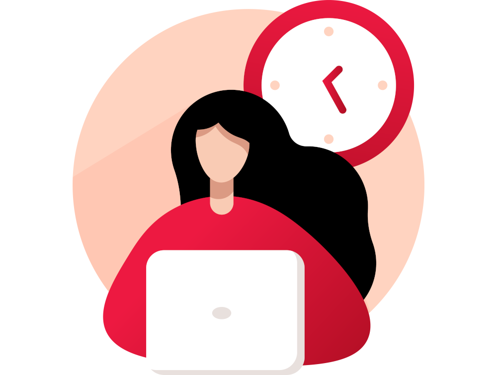 Illustration of a person with long dark hair working on a laptop, possibly handling tasks for Webber Insurance. Behind them is a red and white clock showing approximately 10:10. The person is wearing a red top, and the background is a circular peach-colored shape.