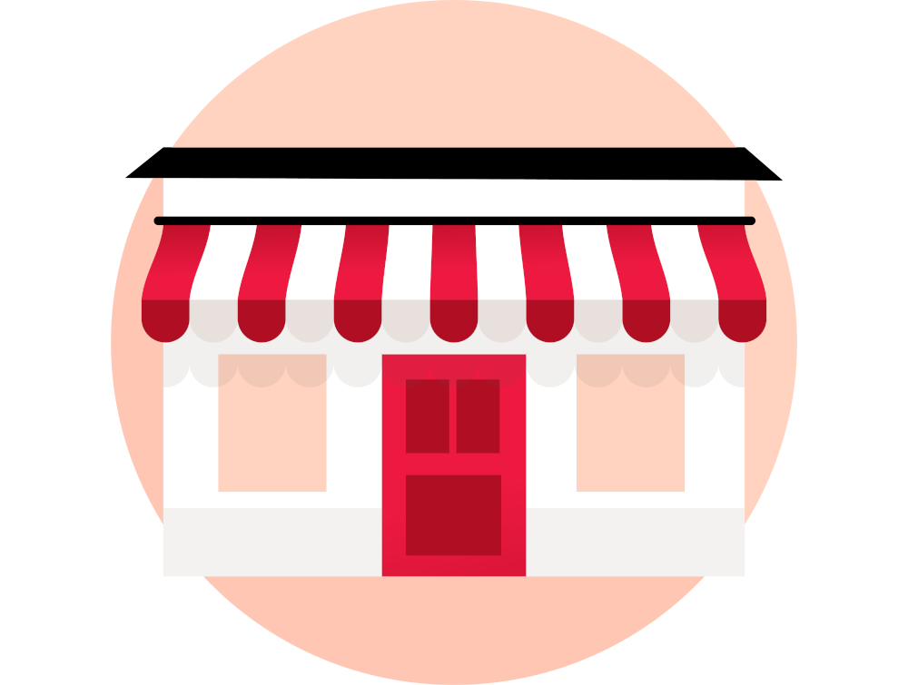 Icon of a small storefront with a red and white striped awning, a large red door in the center, and two large windows on either side. The image is set against a circular light pink background, reminiscent of the charming facade of a Webber Insurance office.