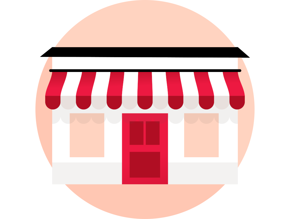 Icon of a small storefront with a red and white striped awning, a large red door in the center, and two large windows on either side. The image is set against a circular light pink background, reminiscent of the charming facade of a Webber Insurance office.