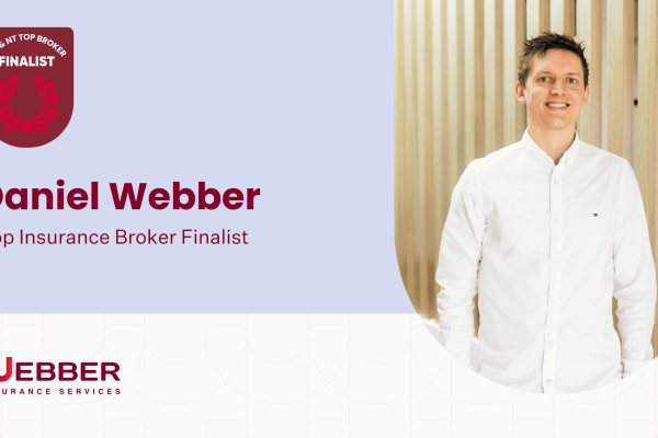 Image featuring a young man in a white shirt smiling, standing indoors against a backdrop of vertical wooden slats. The top left has an award badge and text: "Daniel Webber, Top Insurance Broker Finalist". Celebrating his Advisr award nomination, the bottom showcases the Webber Insurance Services logo.