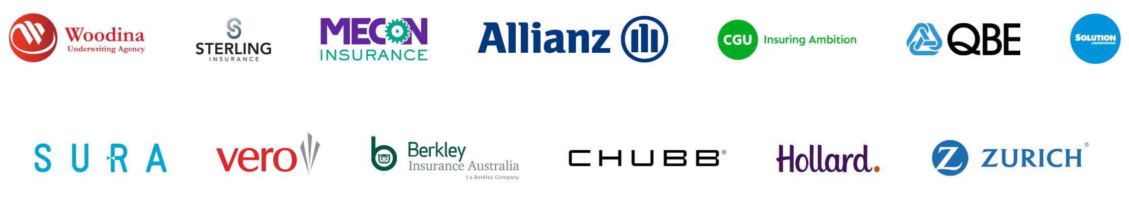 Insurer Logos A row of various insurance company logos including Woodina, Sterling Insurance, Webber Insurance, MECON Insurance, Allianz, CGU, ASPIA, Solution Underwriting, SURA, Vero, Berkley Insurance Australia, Holland, and Zurich.