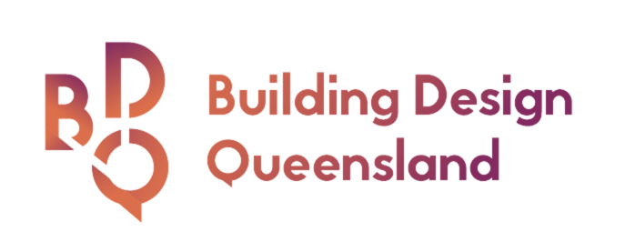The logo for Building Design Queensland features the letters "B", "D", and "Q" stylized in a gradient color palette ranging from orange to purple, symbolizing creativity and innovation. To the right, the full organization name "Building Design Queensland" is displayed in matching gradient text, embodying the spirit akin to Interior Designer Insurance's comprehensive protection.