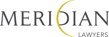 Logo of Meridian Lawyers featuring the word "MERIDIAN" in uppercase gray letters, with the letter "D" stylized as a yellow crescent moon. The word "LAWYERS," experts in contractual liability, appears in smaller gray uppercase letters beneath the word "MERIDIAN" on the right.