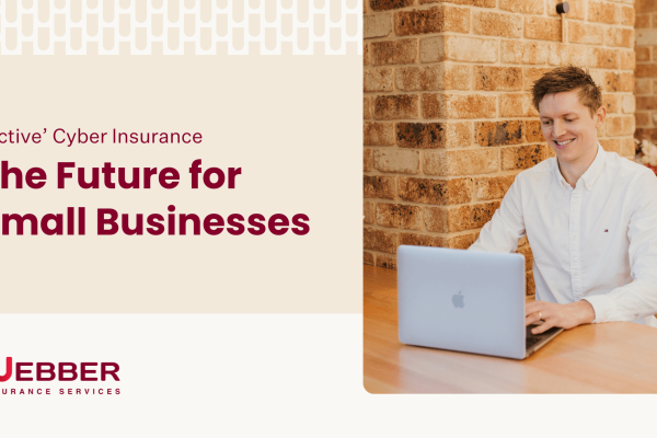 A man in a white shirt sits at a wooden table, working on a laptop in a brick-walled room. Text on the left reads, "'Active' Cyber Insurance - The Future for Small Businesses." The text at the bottom reads, "Webber Insurance Services, your partner in active cyber insurance.