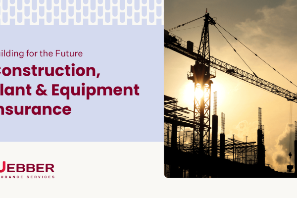 A silhouetted construction site with cranes and workers against a sunset sky. The image includes text: "Building for the Future - Construction, Plant & Equipment Insurance." The Webber Insurance Services logo is at the bottom left.