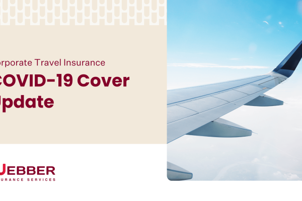A promotional image for Webber Insurance Services providing a COVID-19 cover update for corporate travel insurance. The left side has text and a logo on a beige background, while the right side shows an airplane wing against a blue sky with clouds.
