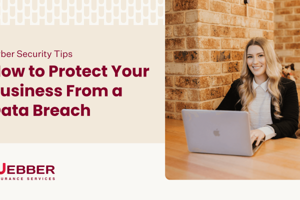A person with long hair, smiling and sitting at a wooden table, is working on a laptop. The background features brick walls and another person is visible. Text reads "Cyber Security Tips: How to Protect Your Business From a Data Breach." The company name "Webber Insurance Services" is also visible.