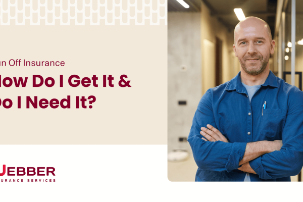 A bald man with a beard and wearing a blue shirt stands confidently with his arms crossed in an office hallway. The text reads: "Run Off Insurance: How Do I Get It & Do I Need It?" The branding for Webber Insurance Services is visible at the bottom.