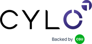 The CYLO logo, featuring the word "CYLO" in black with segments of a circle in purple forming the letter "O," signifies its roots in cybersecurity. To the right are two semi-circles in purple, above and below. In the bottom right corner, a green circle reads "Backed by CGU and UpGuard.