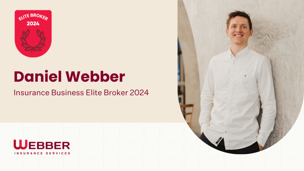 An image features a young man in a white button-up shirt smiling while leaning against a wall. To the left, text reads "Daniel Webber, Insurance Business Elite Broker 2024," along with the Webber Insurance Services logo and an award badge.
