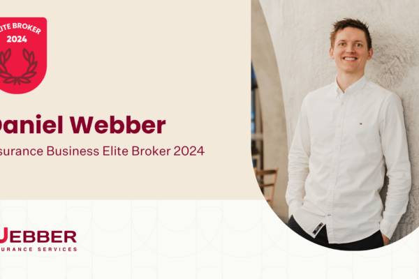 An image features a young man in a white button-up shirt smiling while leaning against a wall. To the left, text reads "Daniel Webber, Insurance Business Elite Broker 2024," along with the Webber Insurance Services logo and an award badge.