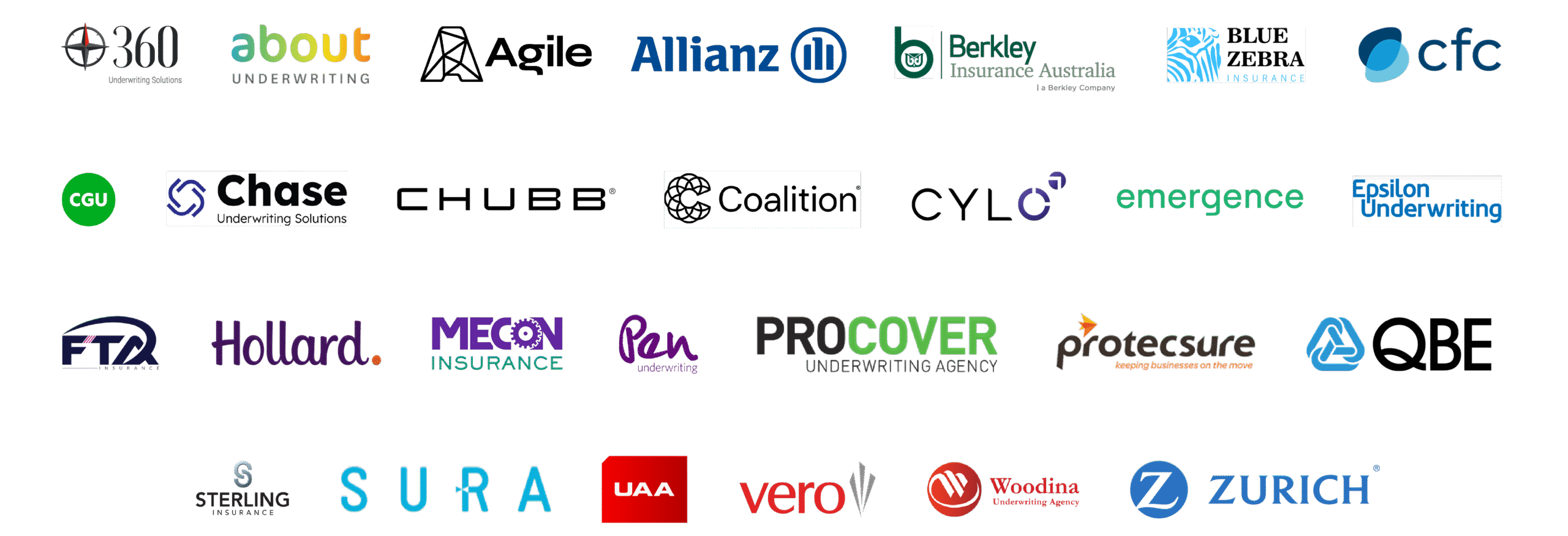 An image displaying logos of various insurance companies, including AIG, Allianz, Ansvar, Arch Insurance, Berkley Insurance Australia, Calibre Insurance, CGU, Chubb, TAL, Lloyd's, NTI, QBE and Webber Insurance. The logos are arranged in four rows.